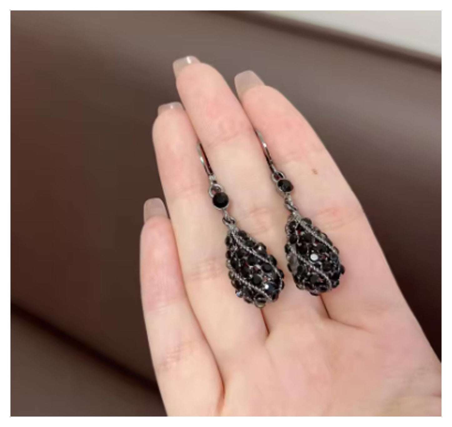 Black crystal drop - Earrings - Silver - CZs - 1.5"