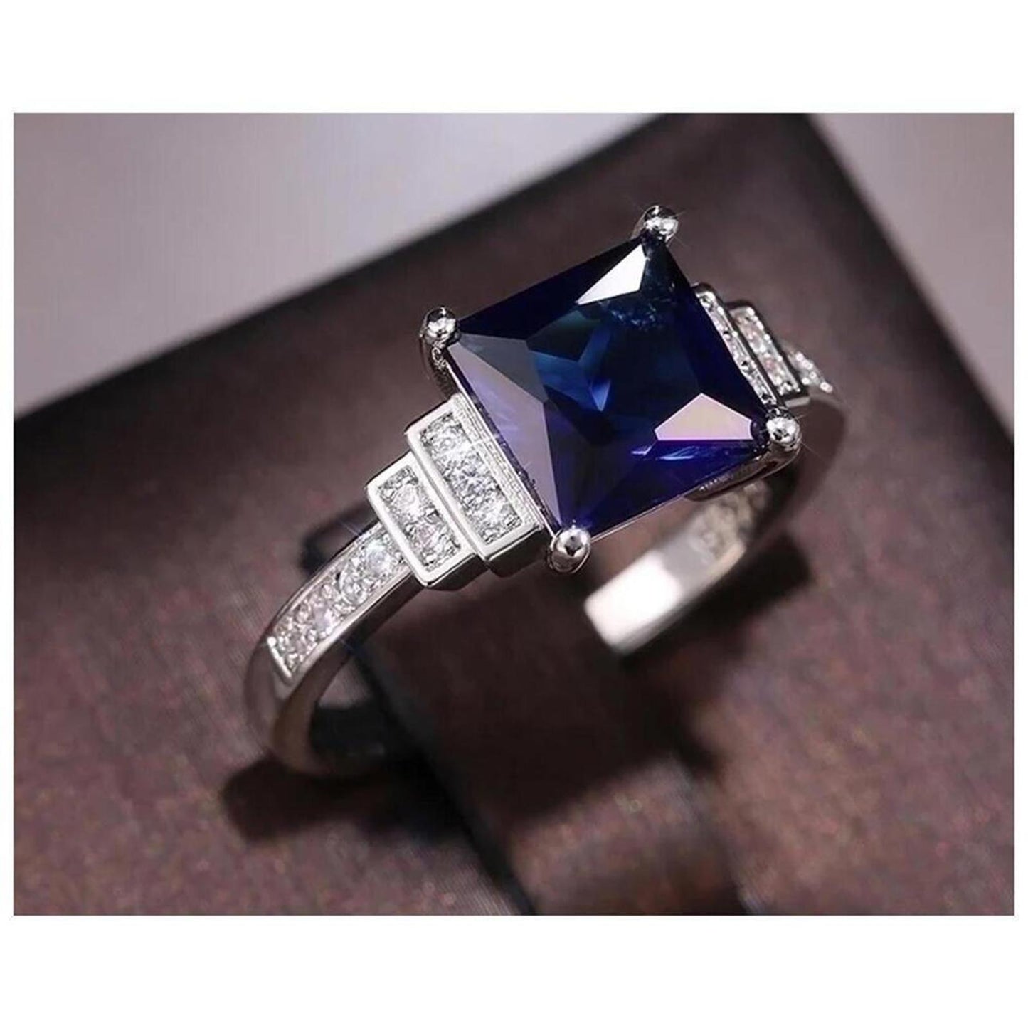 Blue princess cut ring - silver - CZs - size 8