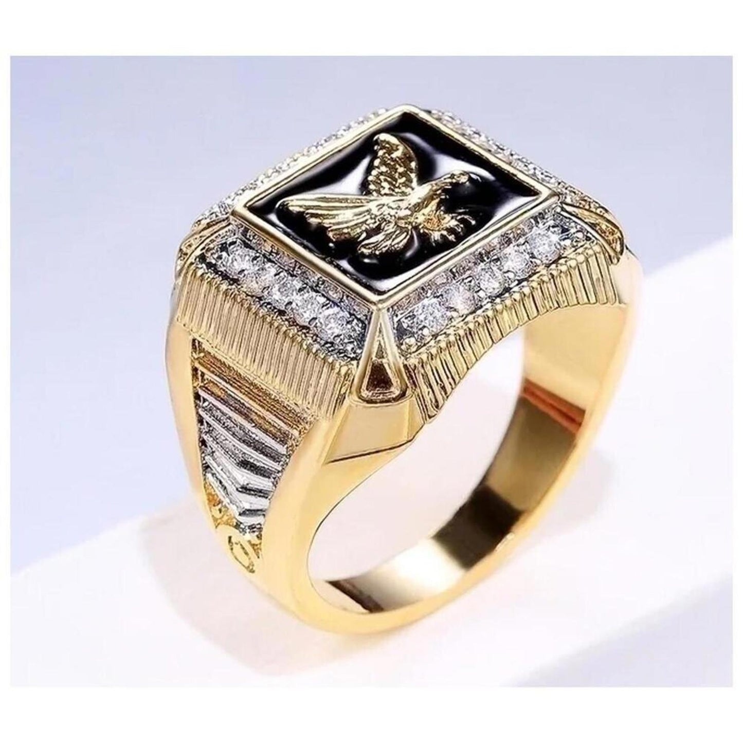 Black Eagle ring - 18K gold plated - enamel and CZ size 11