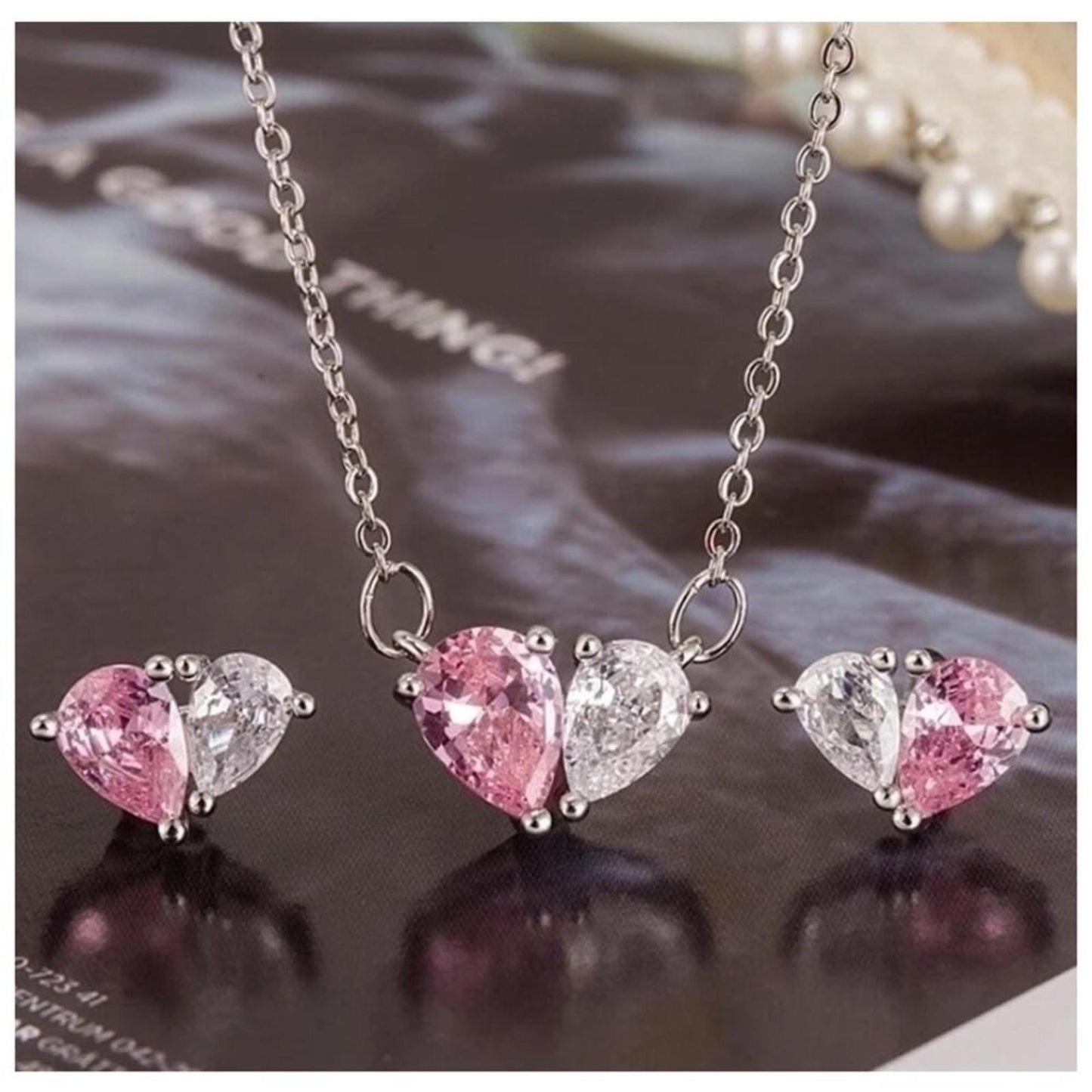 Pink and White Teardrop Set - Silver - 16-18" Necklace & Earrings