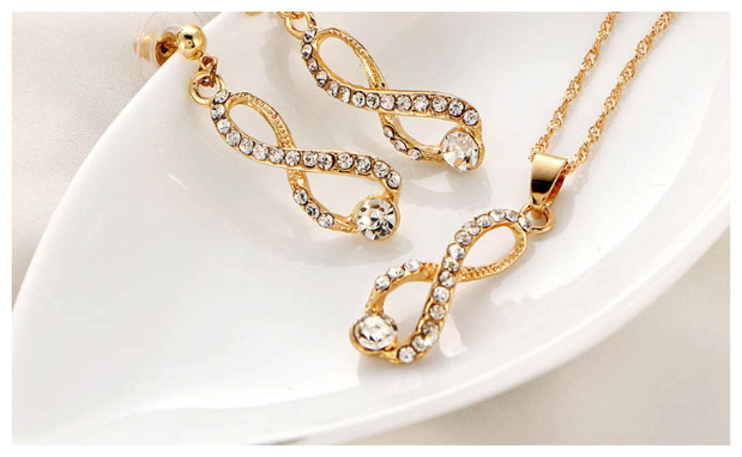 Twisted Infinity Necklace/Earring set - Gold - CZs - 18"