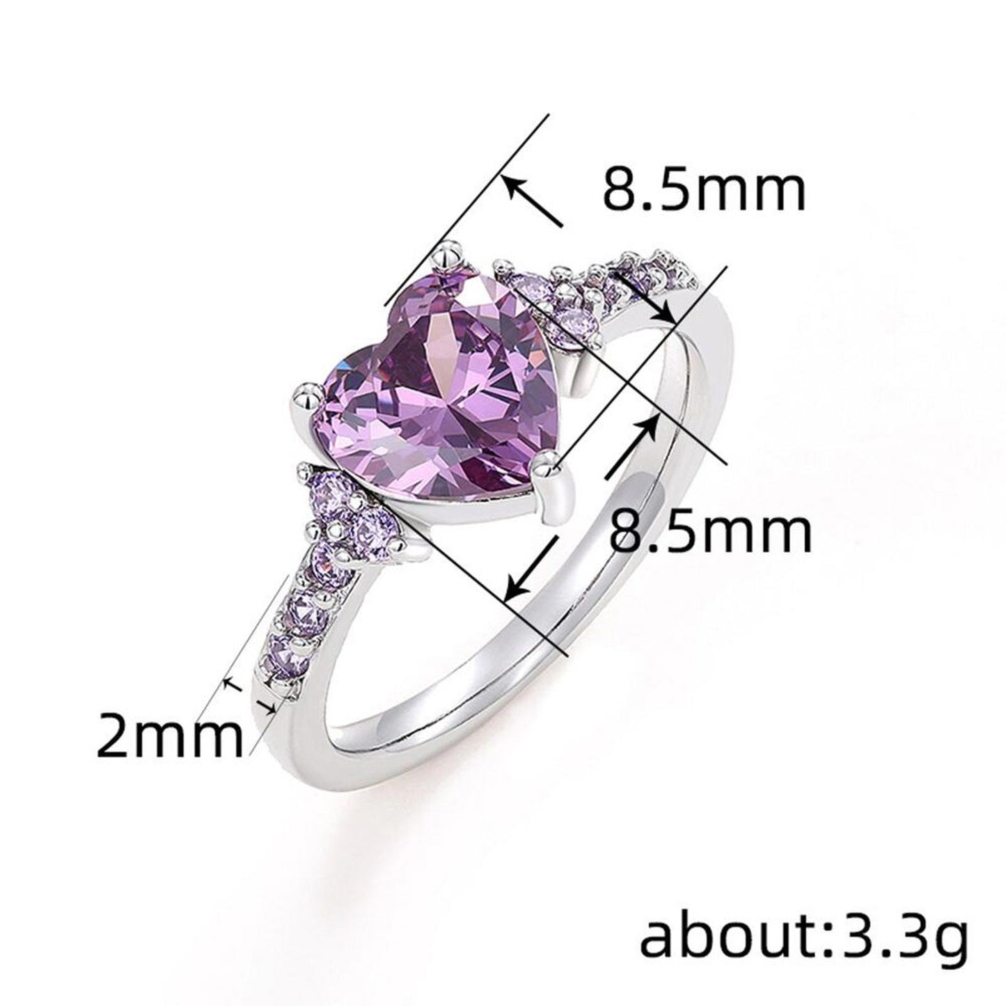 Purple heart RING - Silver - CZs - size 7