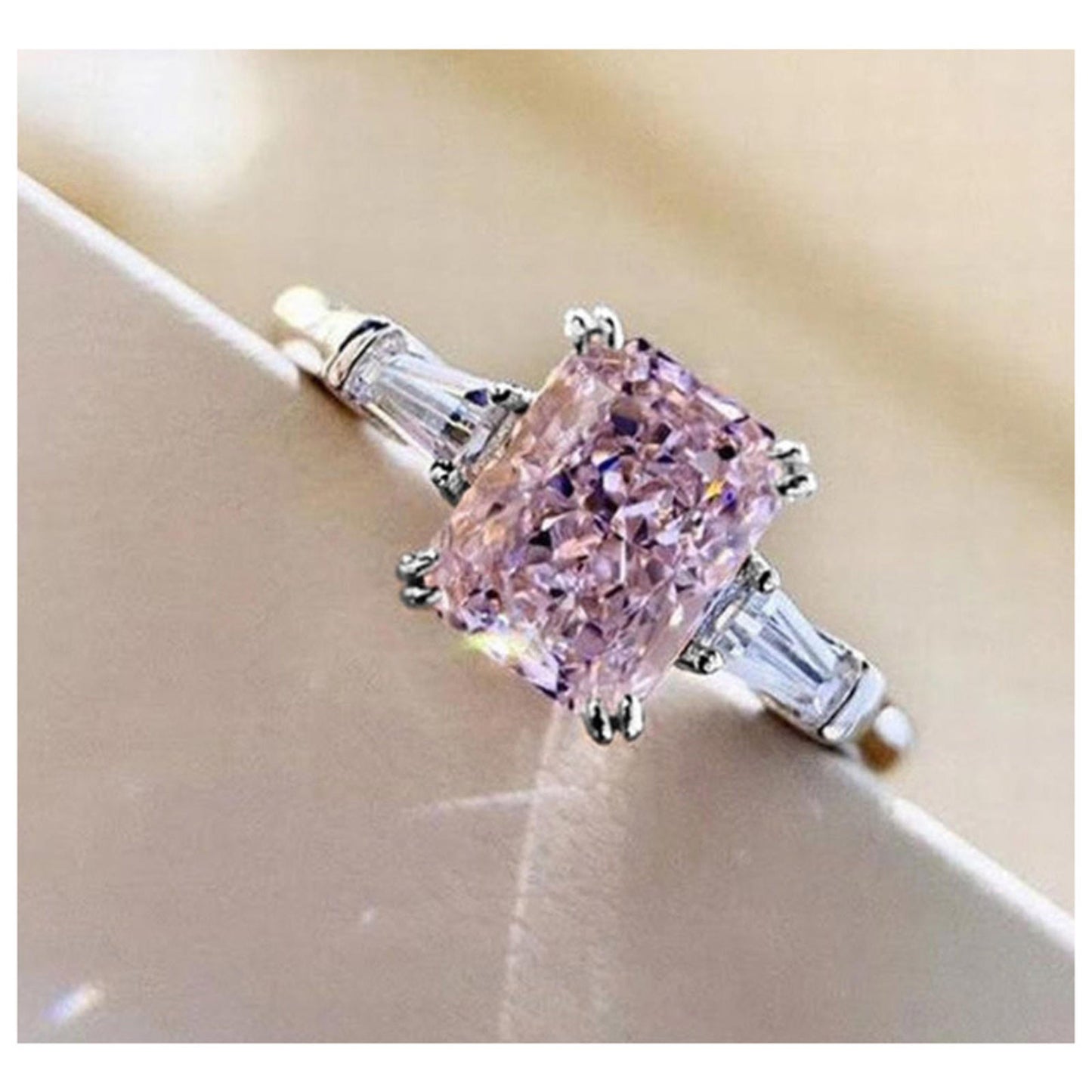 Pink Ring - Radiant cut - silver - CZs - Size 8