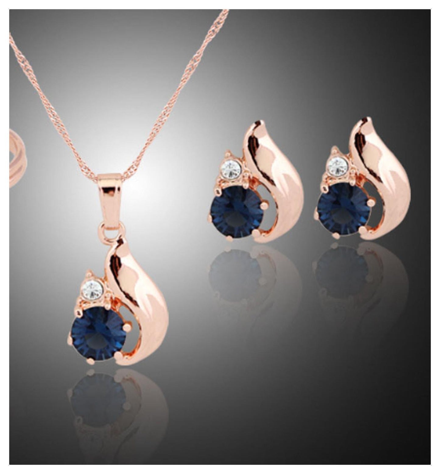 Navy blue classic Necklace/Earring set - Gold - CZs - 18"