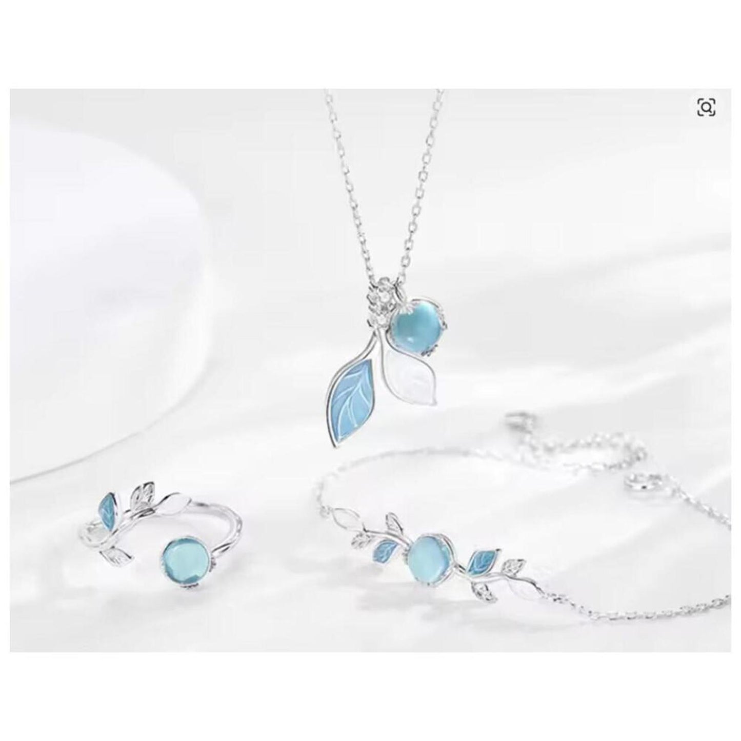 Blue and white leaf necklace - silver - CZs - 16-18"