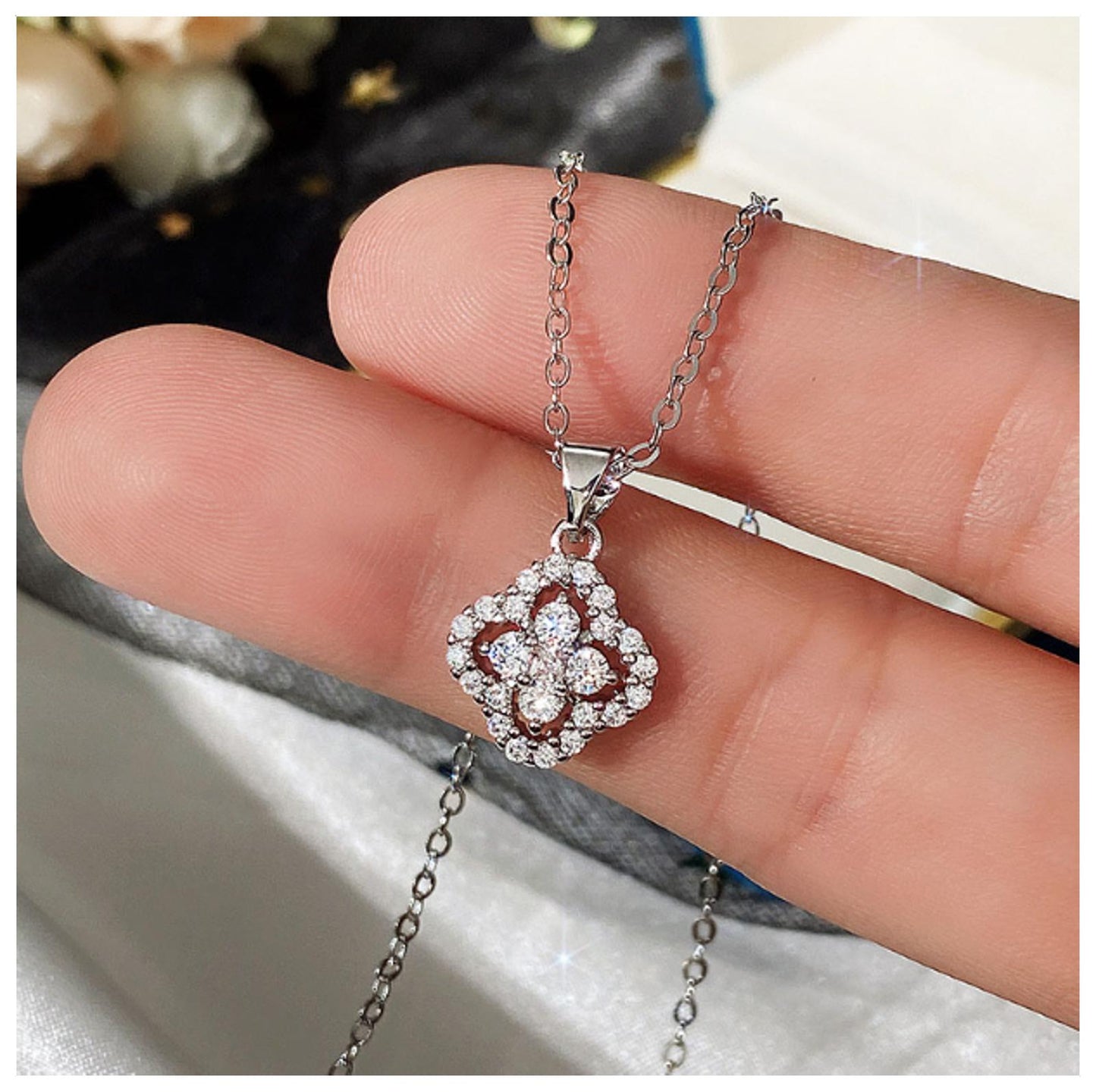 Double clover Necklace - Silver - CZs - 18"