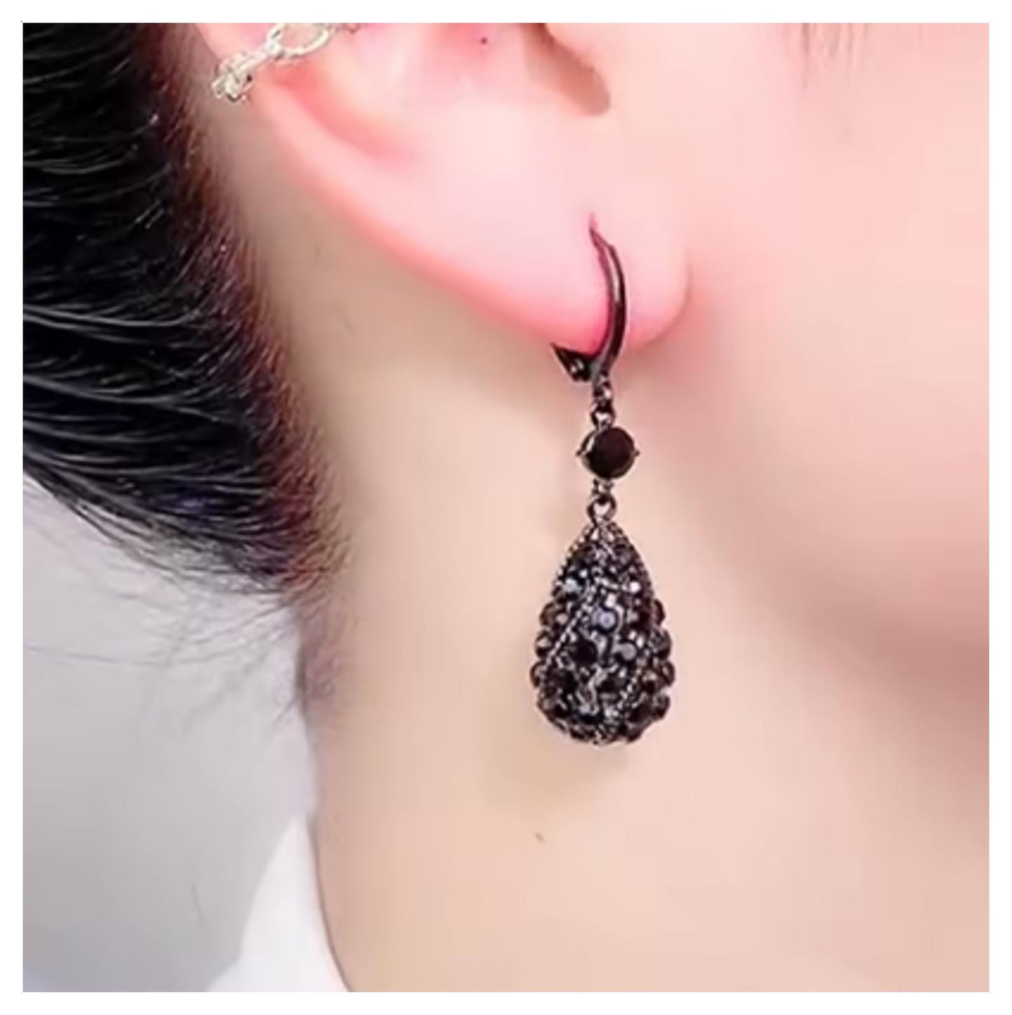 Black crystal drop - Earrings - Silver - CZs - 1.5"