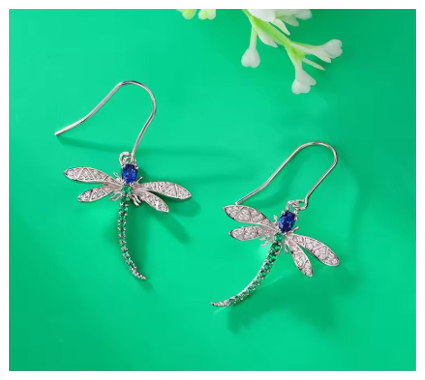 Green and blue dragonfly - Earrings - Silver - CZs - 18"
