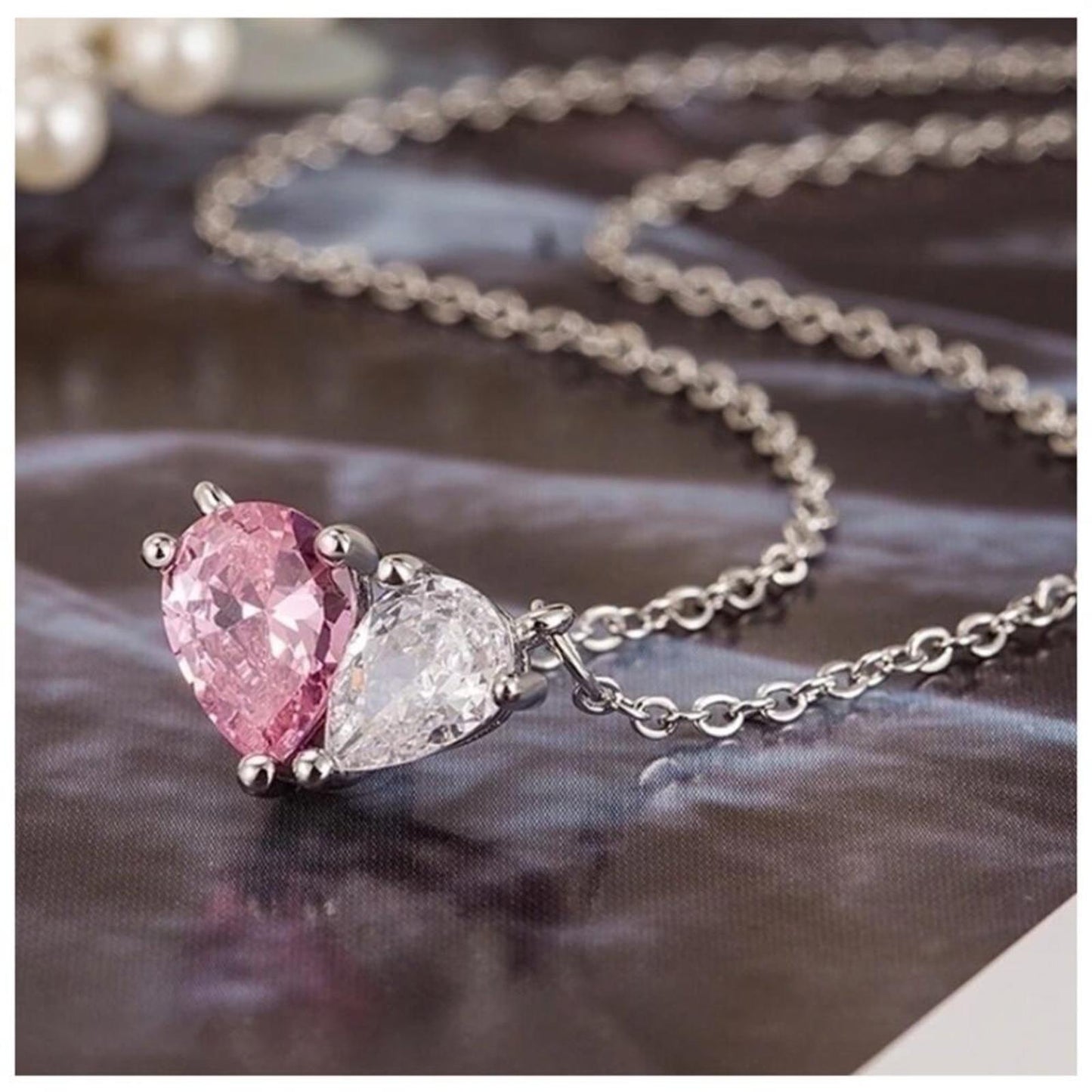 Pink and White Teardrop Set - Silver - 16-18" Necklace & Earrings