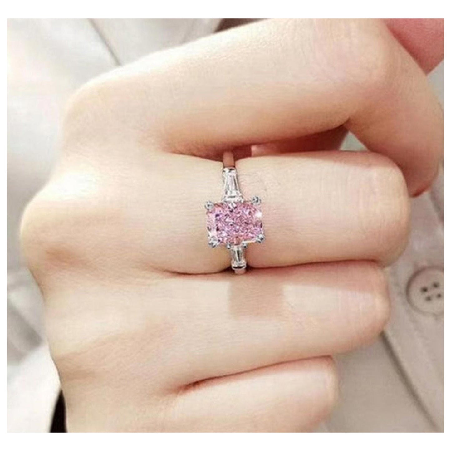 Pink Ring - Radiant cut - silver - CZs - Size 8