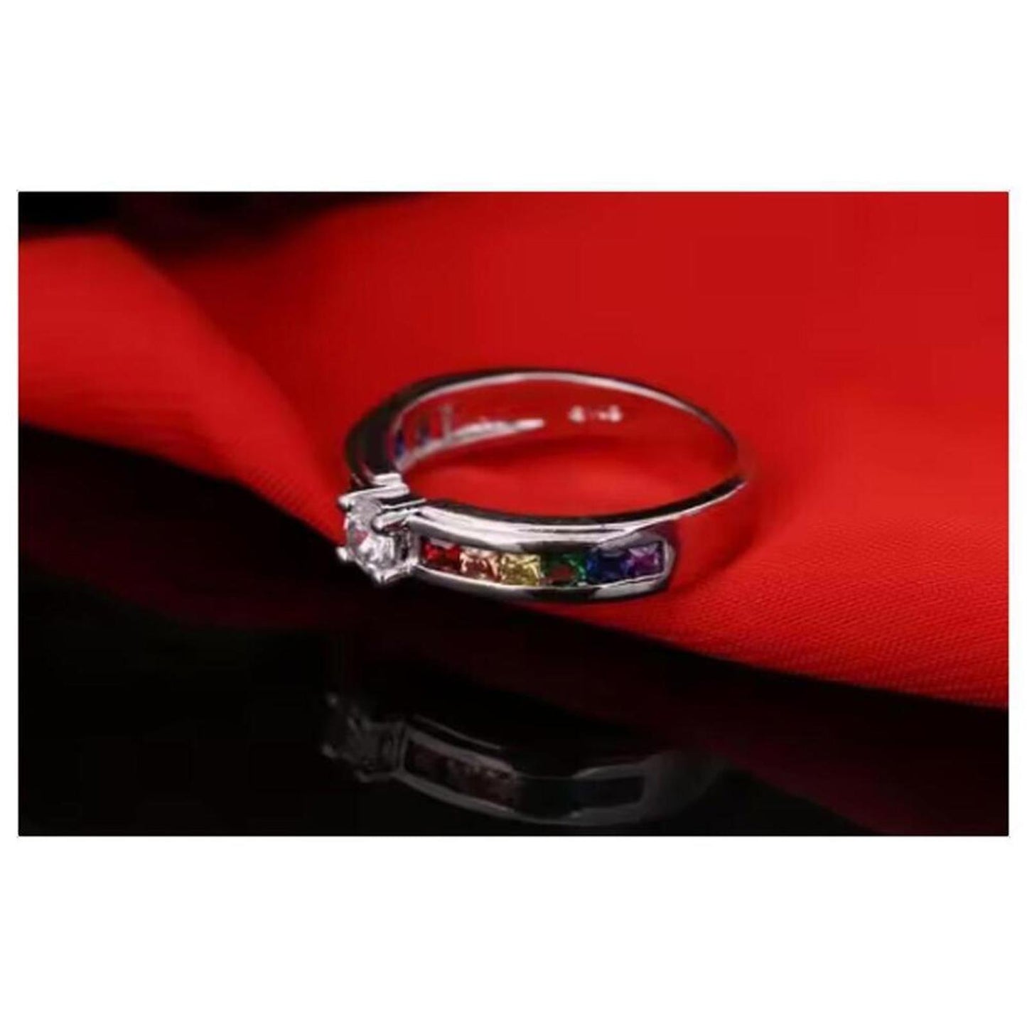 Rainbow engagement ring - silver - CZs - size 8.