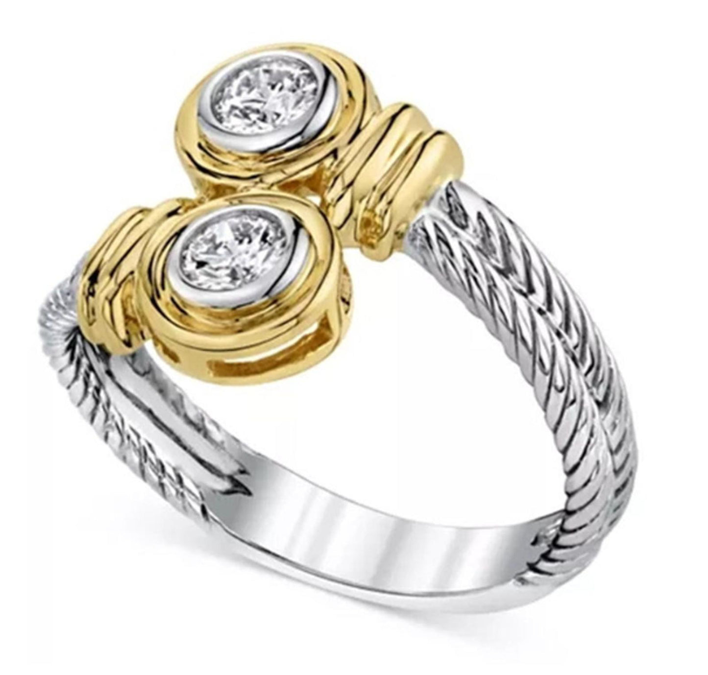 Bypass cable bezel set Ring - Two Tone Silver - CZs - Size 6