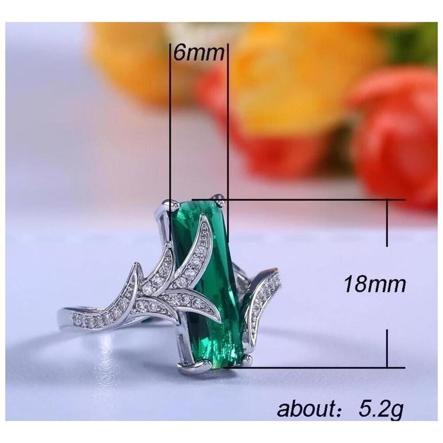 Green leaf baguette ring - silver - CZs- size 10