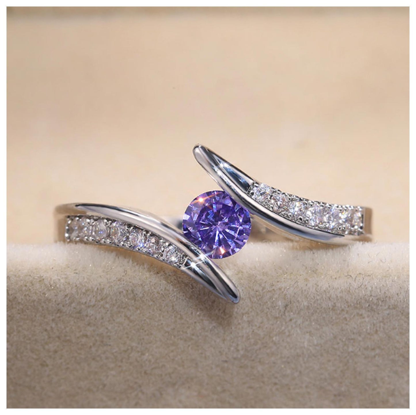 Purple round suspension Ring - Silver - CZs - Size 7