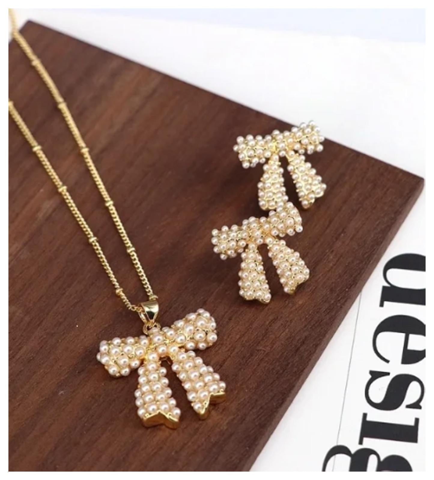 Pearl bows - Necklace/Earring set - Gold - 18"