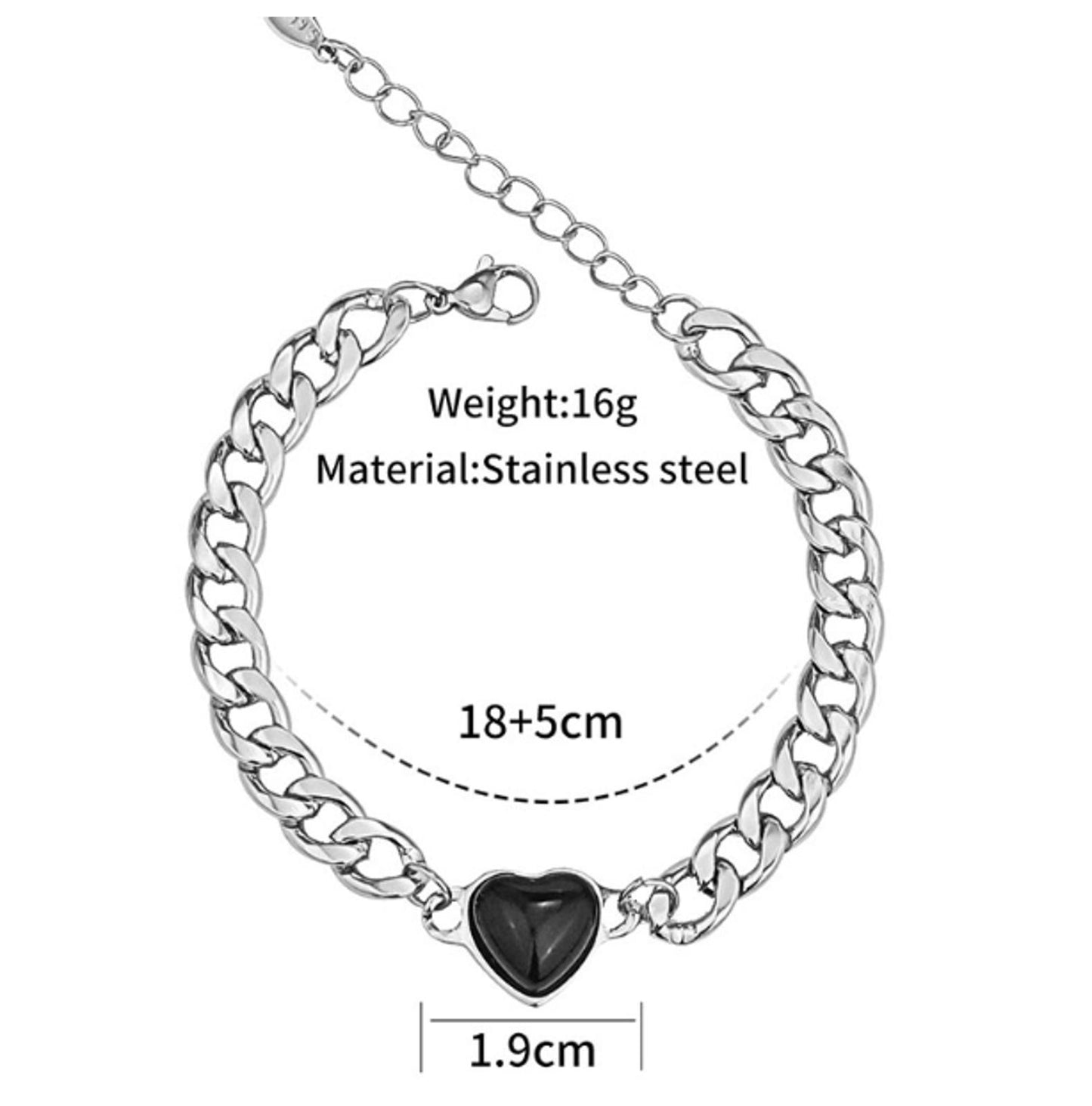 Black Heart Bracelet - Titanium Steel- CZs - 7-9"