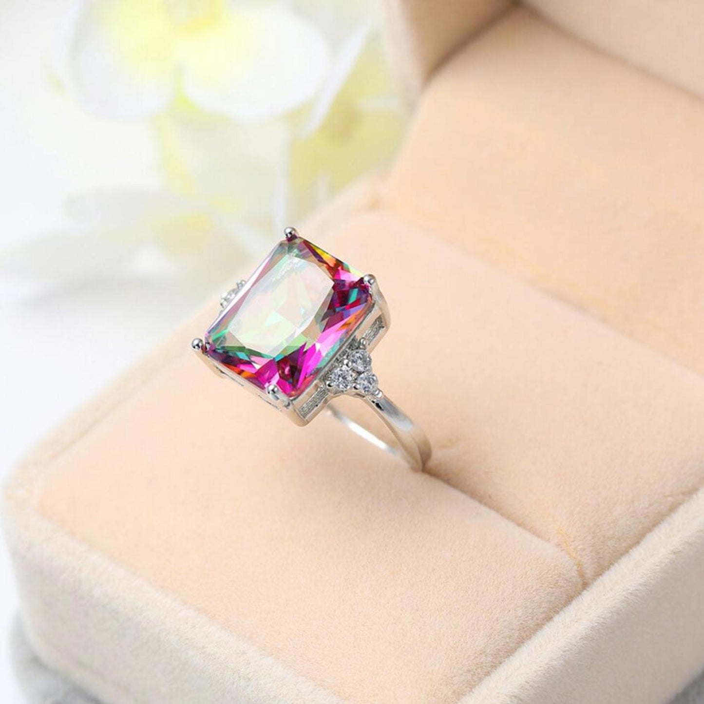 Rainbow radiant cut RING - Silver - CZs - size 9