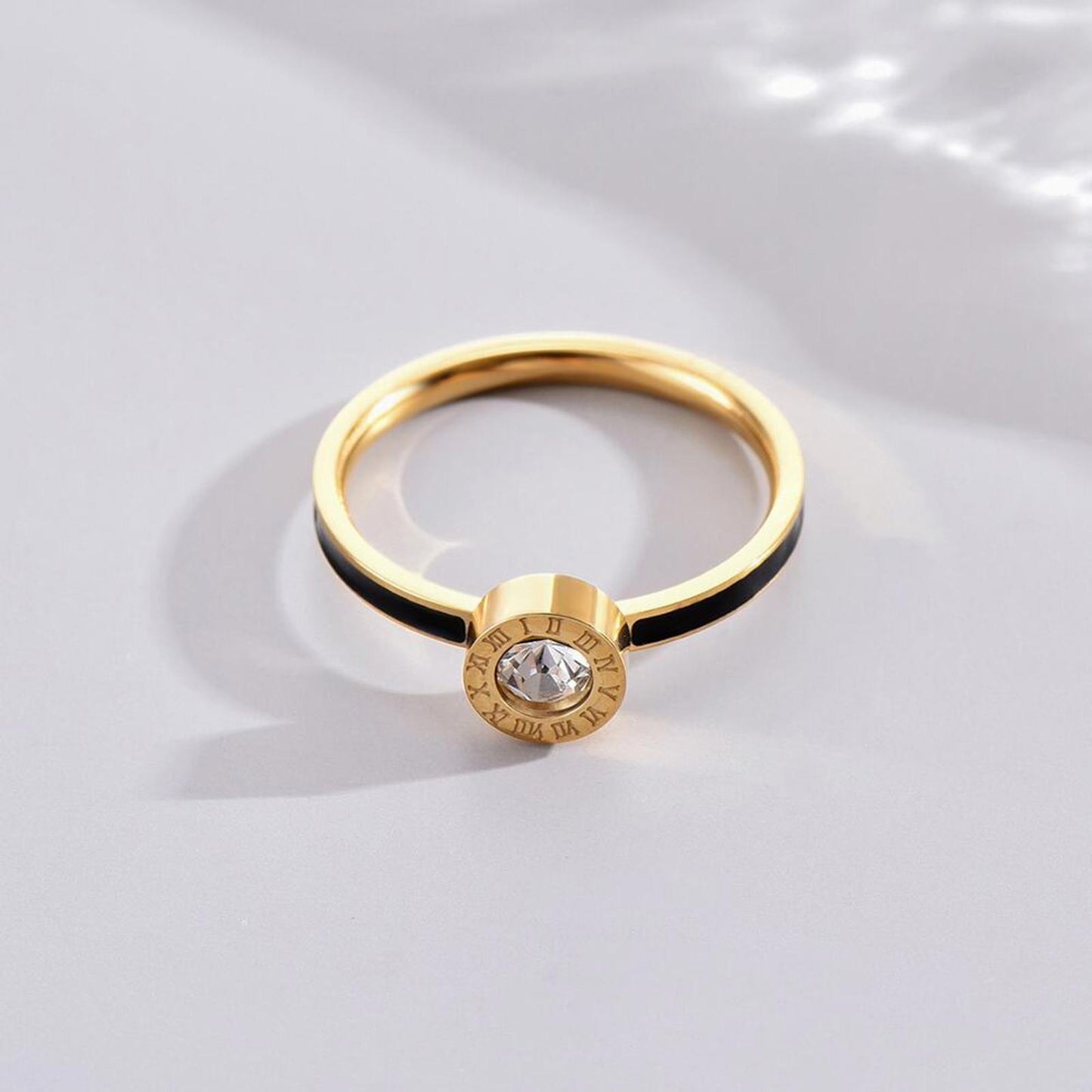 Black enamel bezel set roman numeral RING - Gold - CZs - size 8