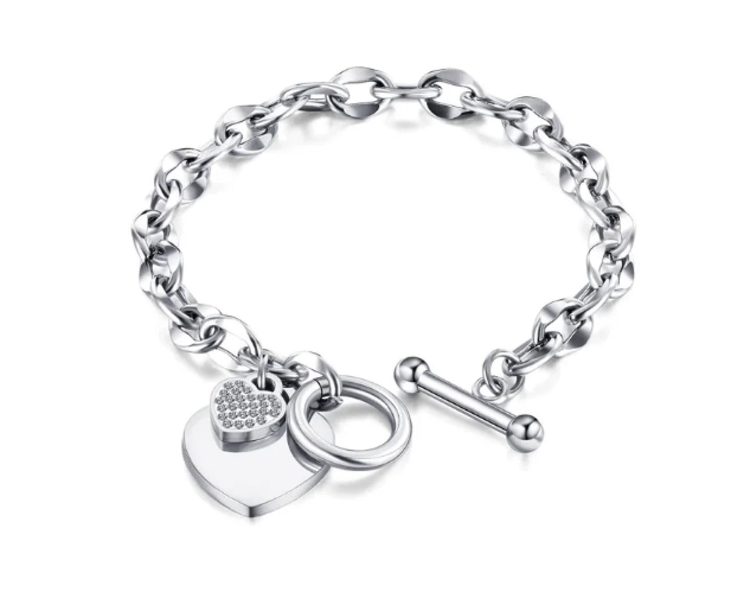 Double heart charm - Bracelet - Silver - CZs - 8"