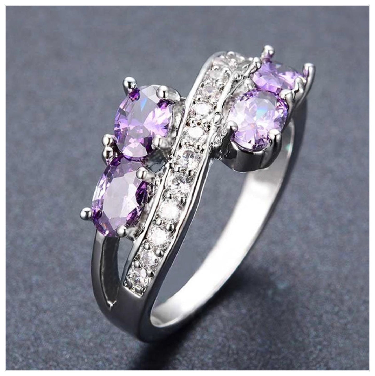 Purple bypass Ring - Silver - CZs - Size 6