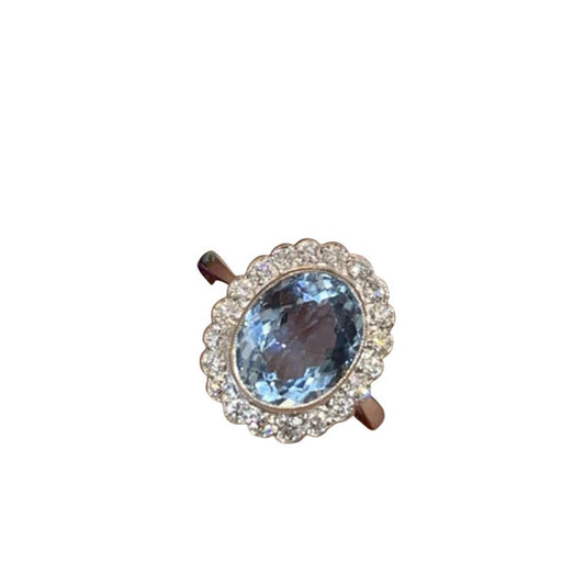 Blue oval ring - gold - CZs - Size 10.