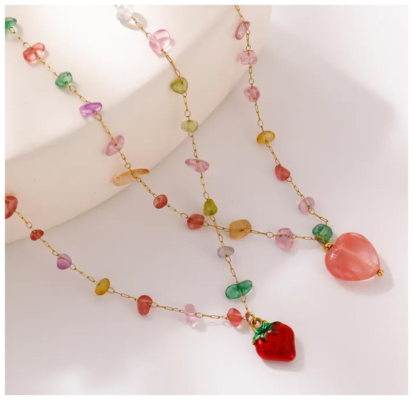Natural stone peach beaded - Necklace - Gold - 18"