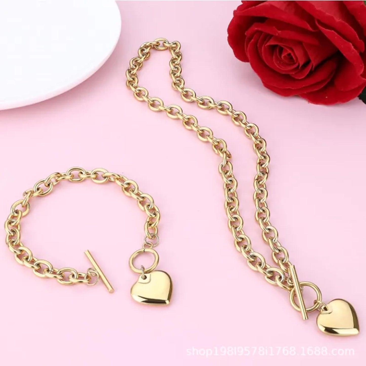 Heart charm toggle chain - Necklace/Bracelet set - Gold - 20" / 7"