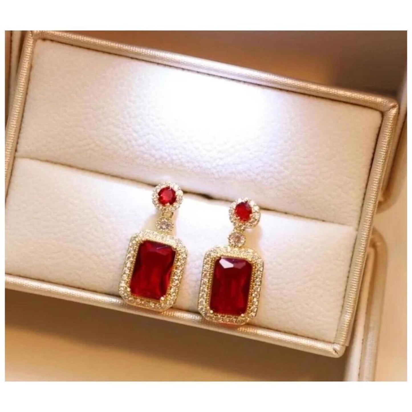 Red rectangle jewelry Set - 18K gold plated - CZs - Necklace and Earrings.
