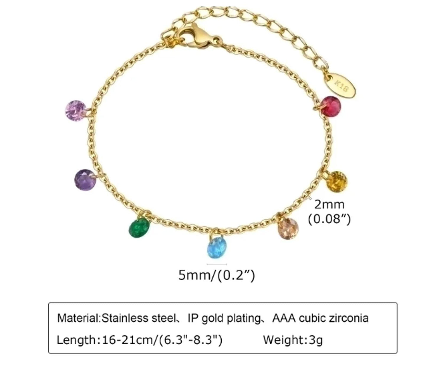 Multicolor stone dangle - Bracelet - Gold - CZs - 6.5-8"