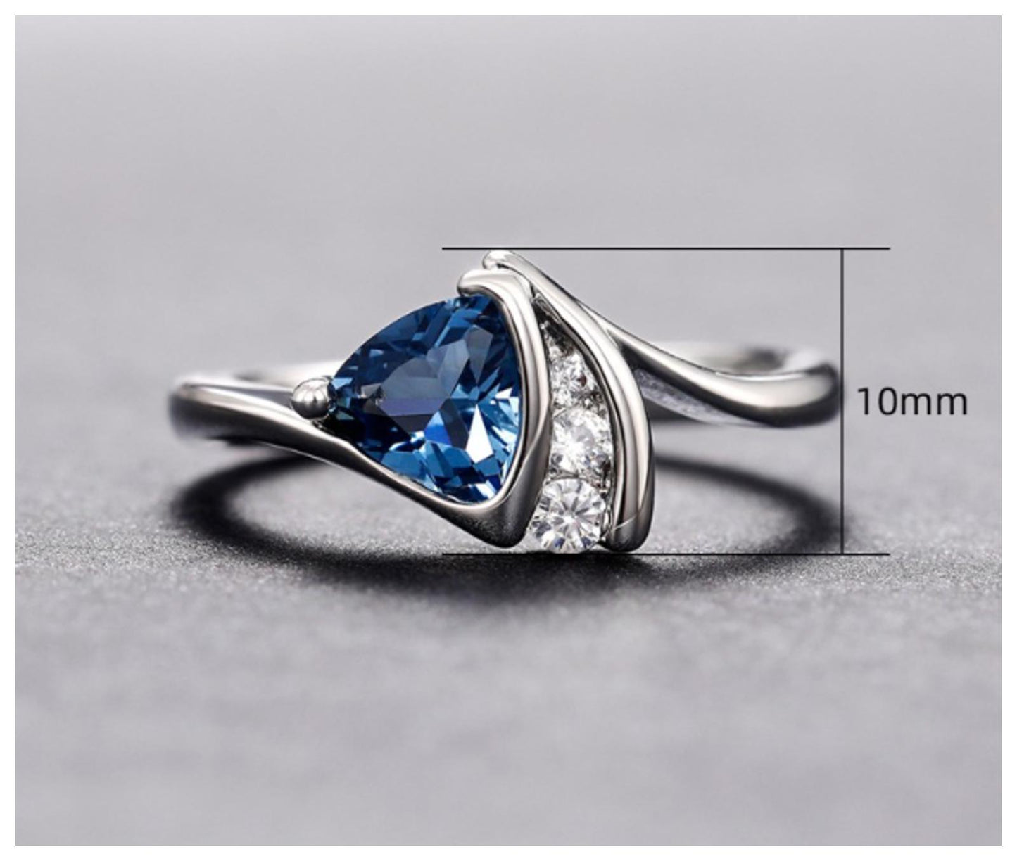 Blue triangle Ring - Silver - CZs - Size 6
