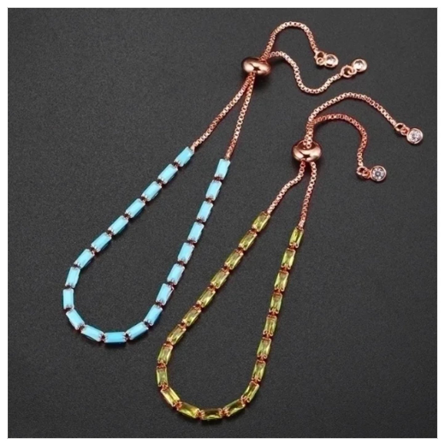 Turquoise blue baguette tennis - Bracelet - Rose Gold - CZs - adjustable