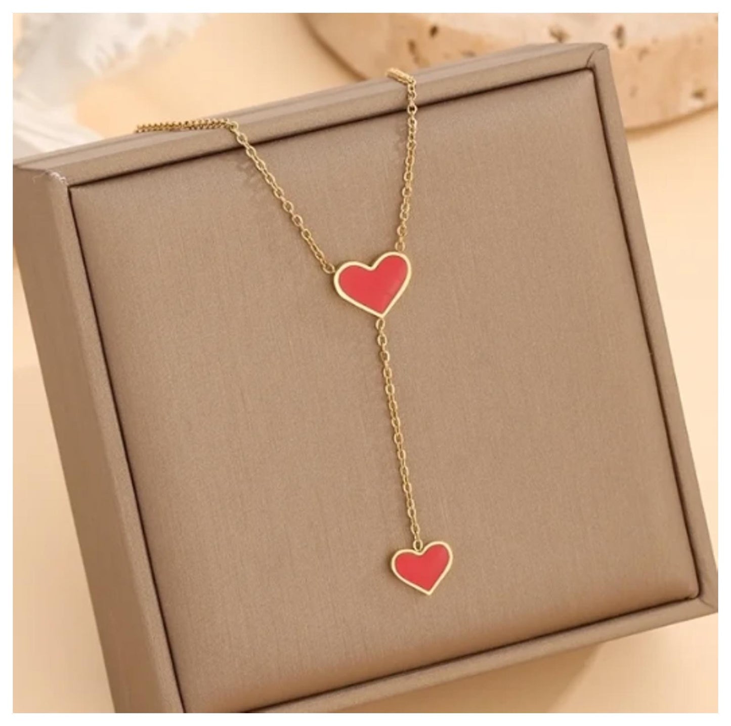 Red hearts Y-shaped - Necklace/Earring set - Gold - CZs - 18"