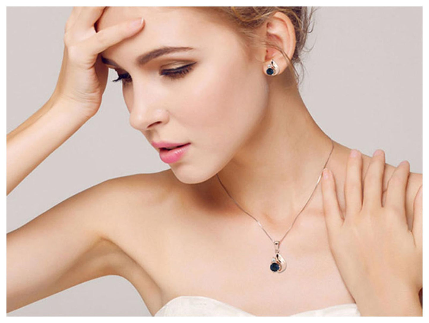 Navy blue classic Necklace/Earring set - Gold - CZs - 18"