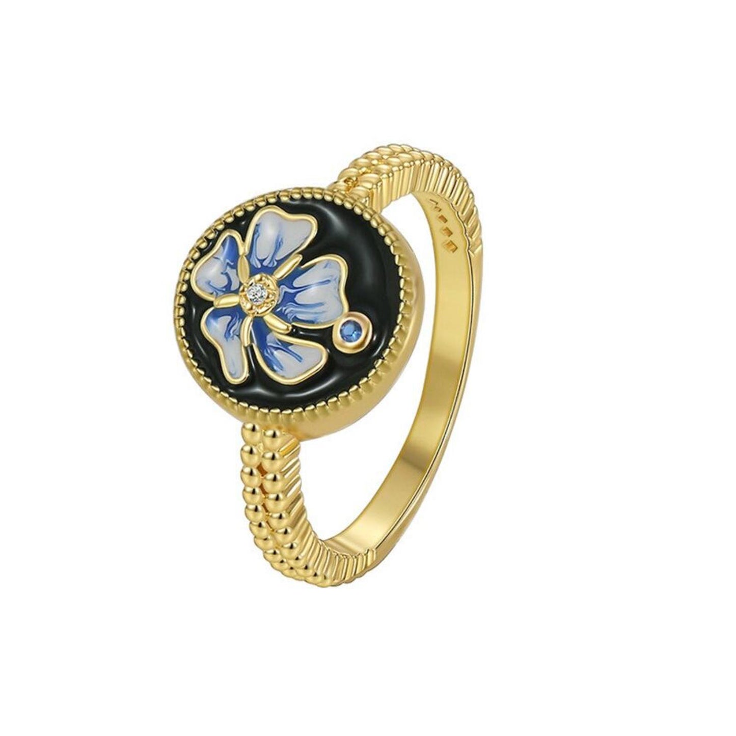Black flower enamel ring - Gold - size 6
