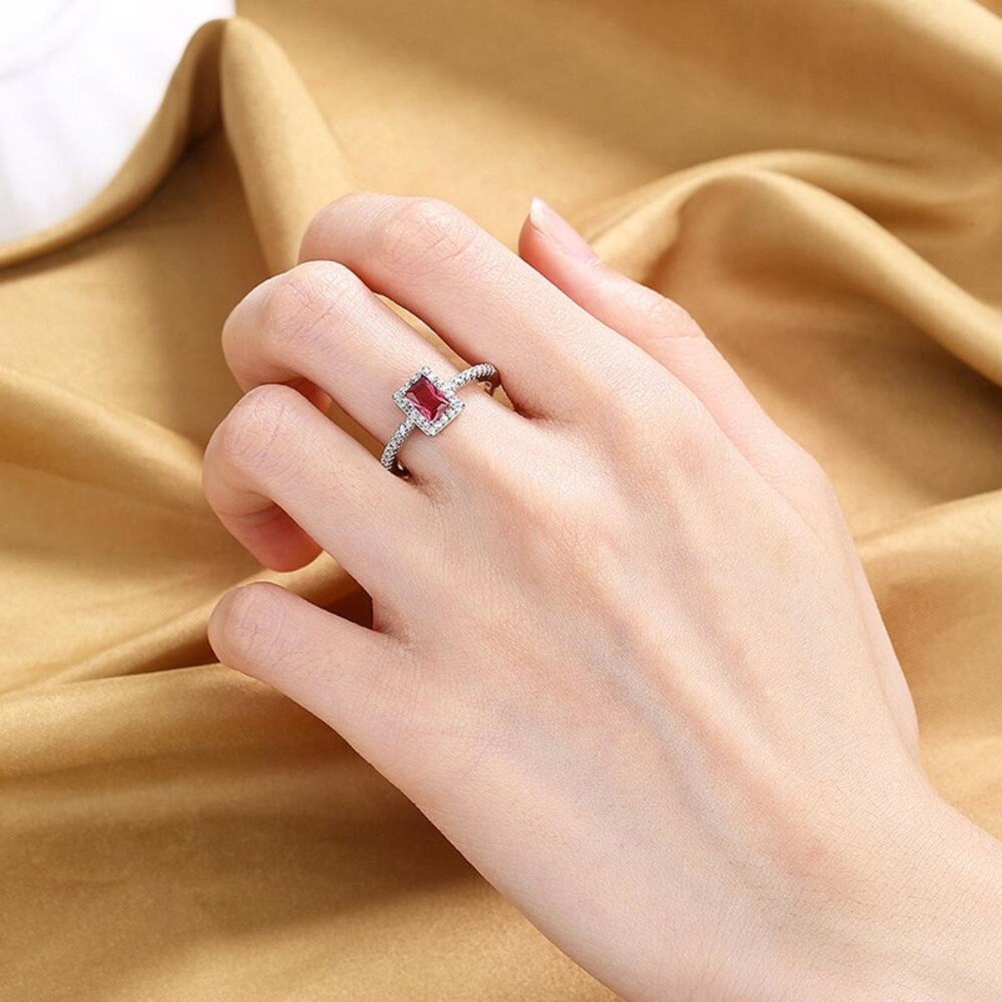 Red square halo RING - Silver - CZs - size 6
