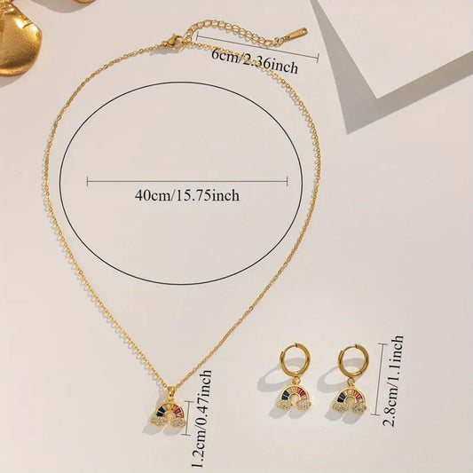 Rainbow cloud - Necklace/Earring set - Gold - CZs - 18"