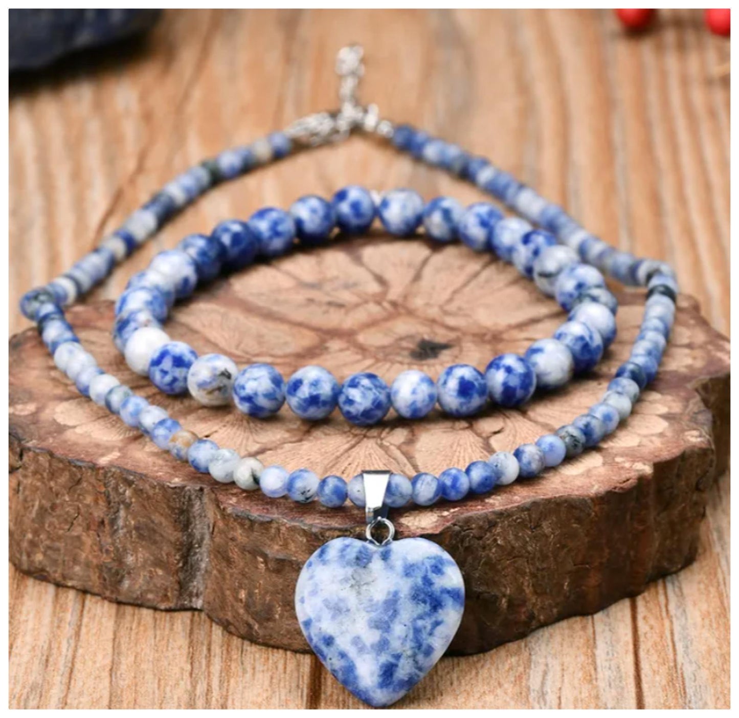 Natural blue dot jasper beaded - Necklace/Earring set - Silver - 17"