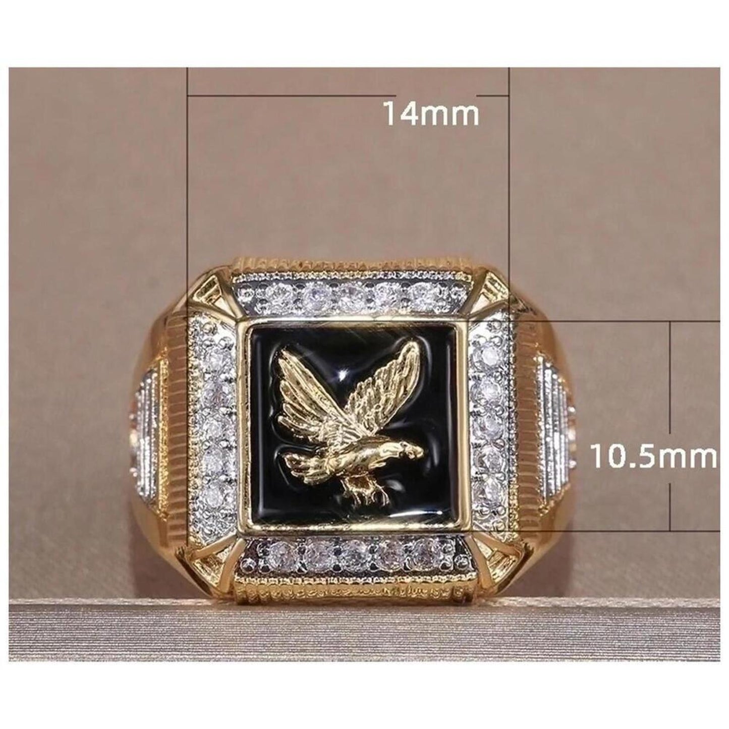 Black Eagle ring - 18K gold plated - enamel and CZ size 11