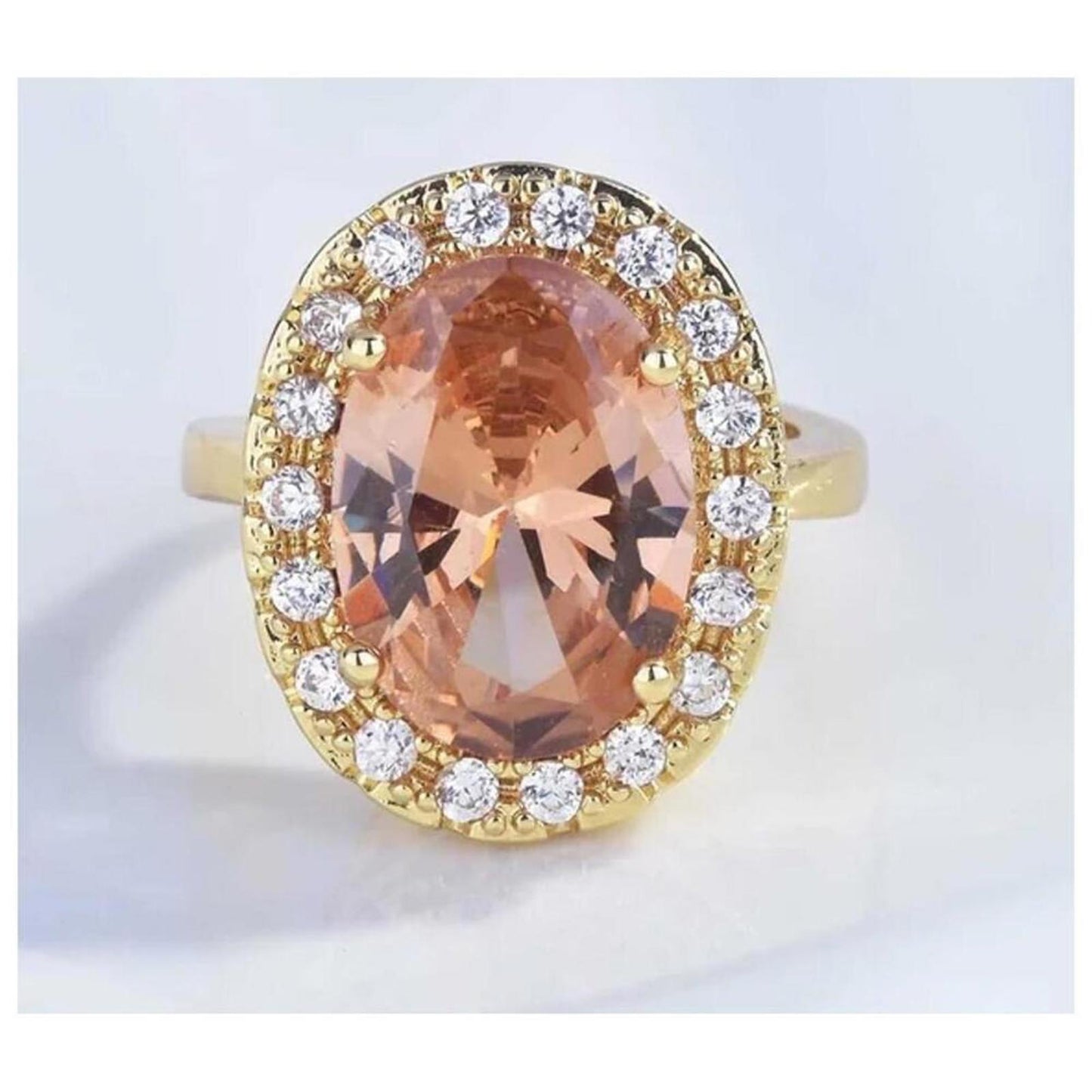Champagne oval halo ring - 18K gold plated - CZs- size 9.