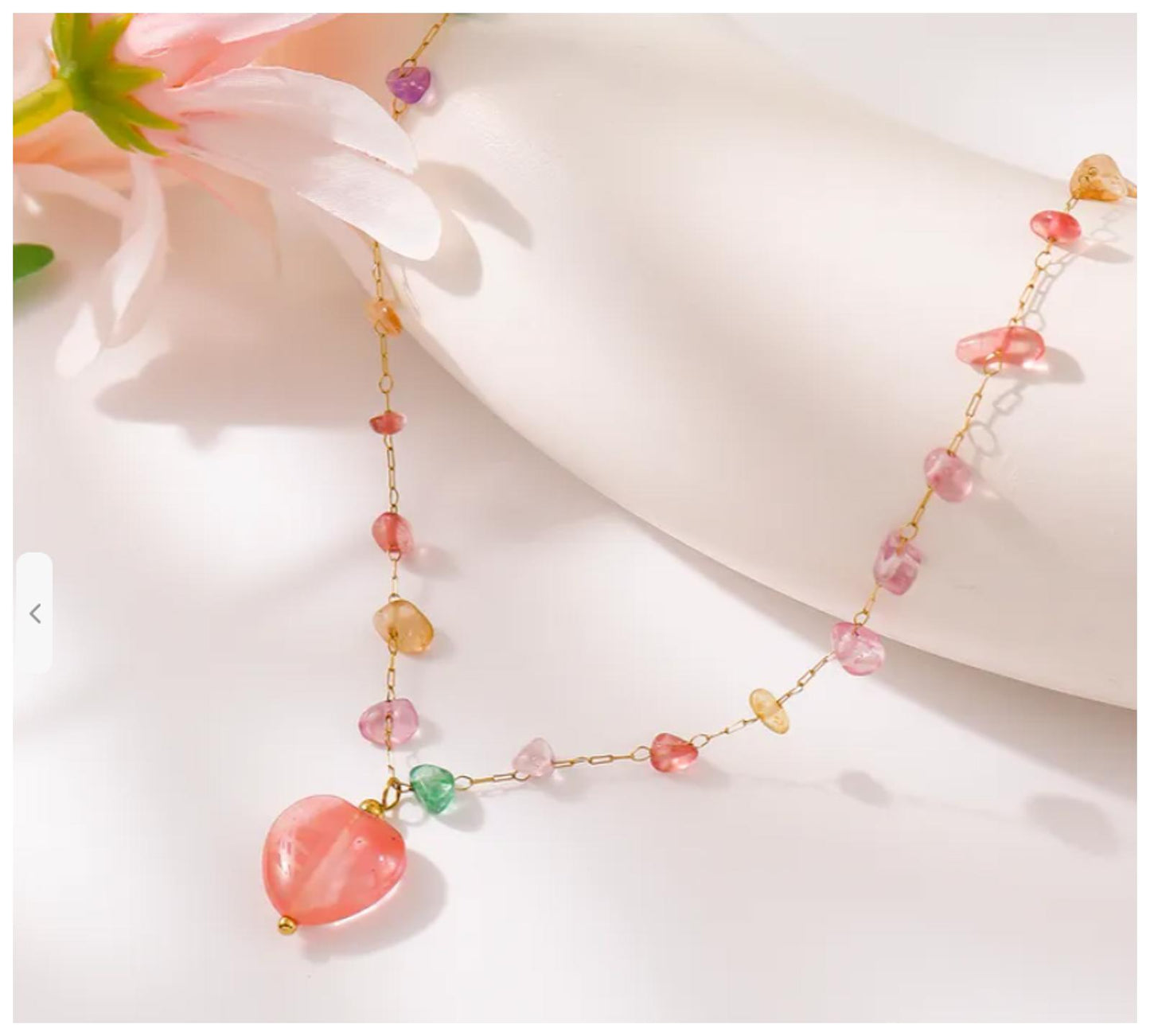 Natural stone peach beaded - Necklace - Gold - 18"