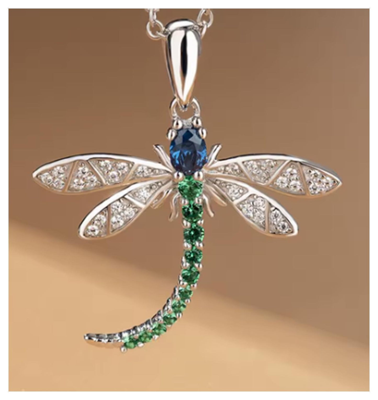 Green and Blue dragonfly pendant - Necklace - Silver - CZs - 18"