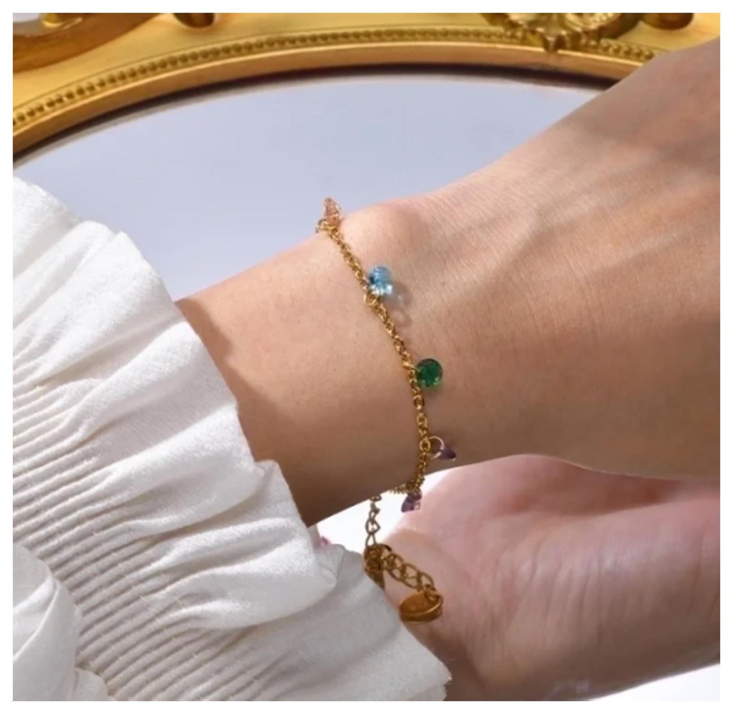 Multicolor stone dangle - Bracelet - Gold - CZs - 6.5-8"