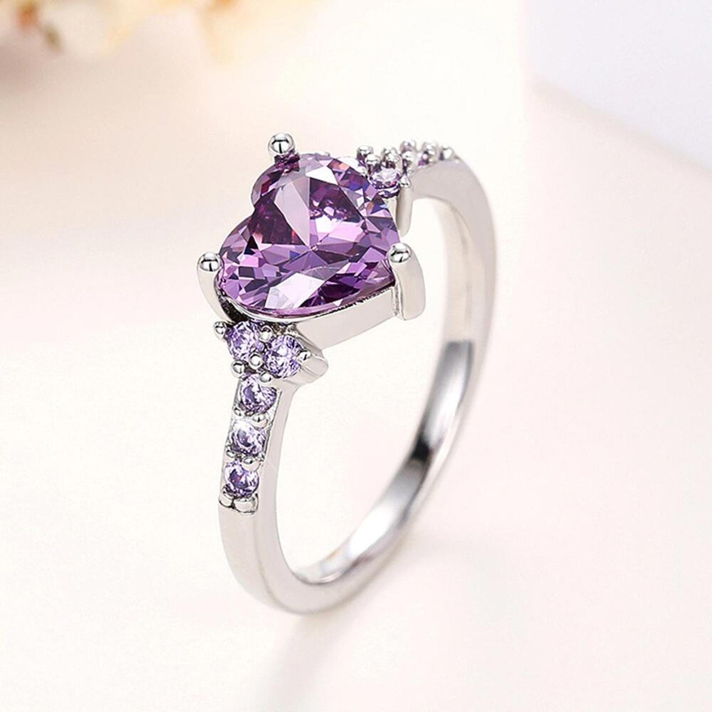 Purple heart RING - Silver - CZs - size 7