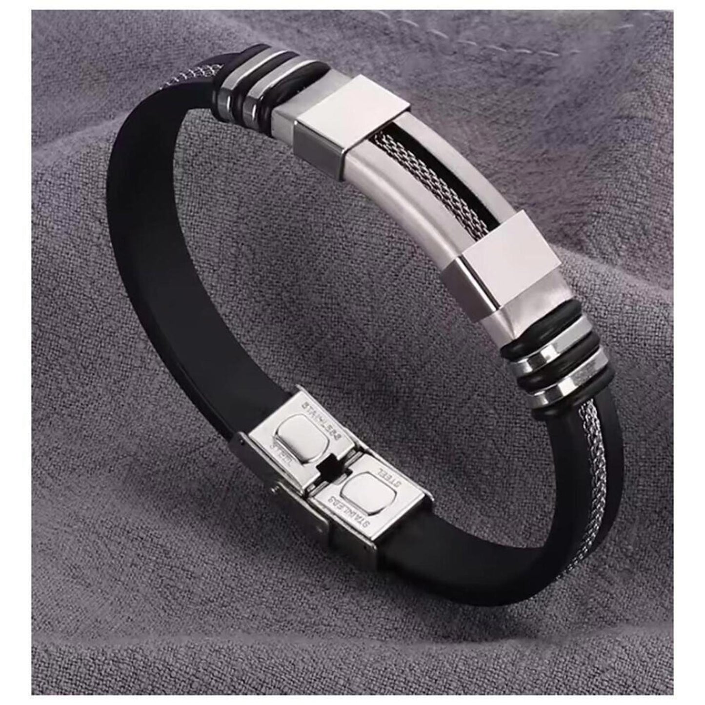 Black and silicone bracelet - stainless steel - 8 1/2"