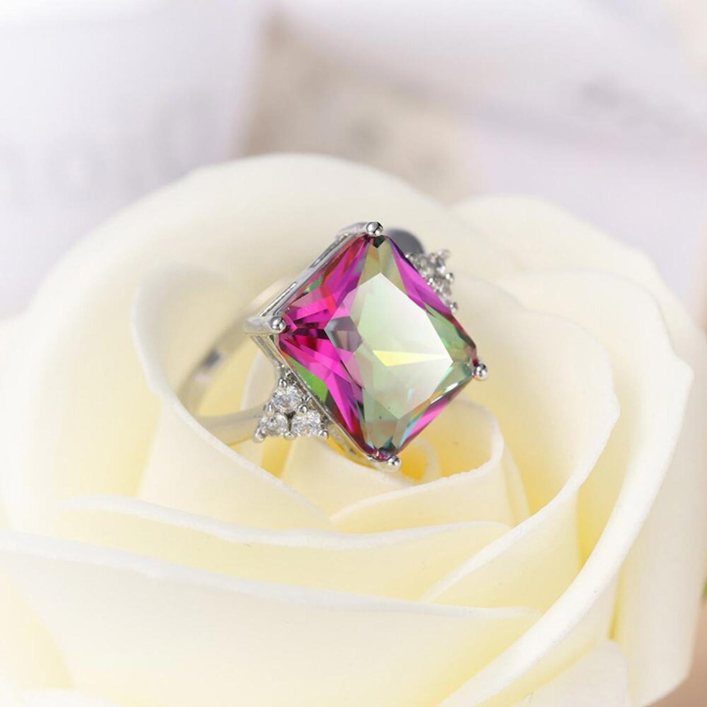 Rainbow radiant cut RING - Silver - CZs - size 7