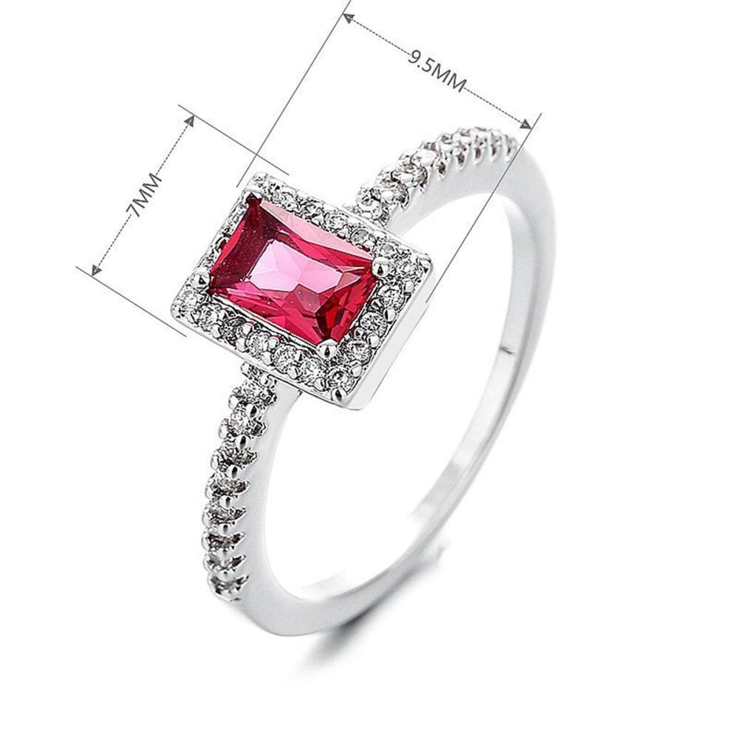 Red square halo RING - Silver - CZs - size 6