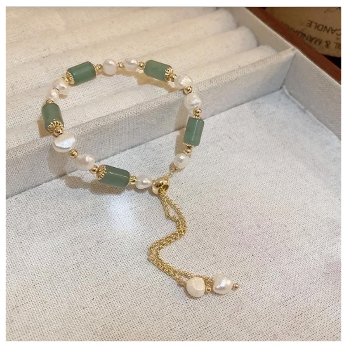 Green and Pearl - Bacelet - Gold - adjustable