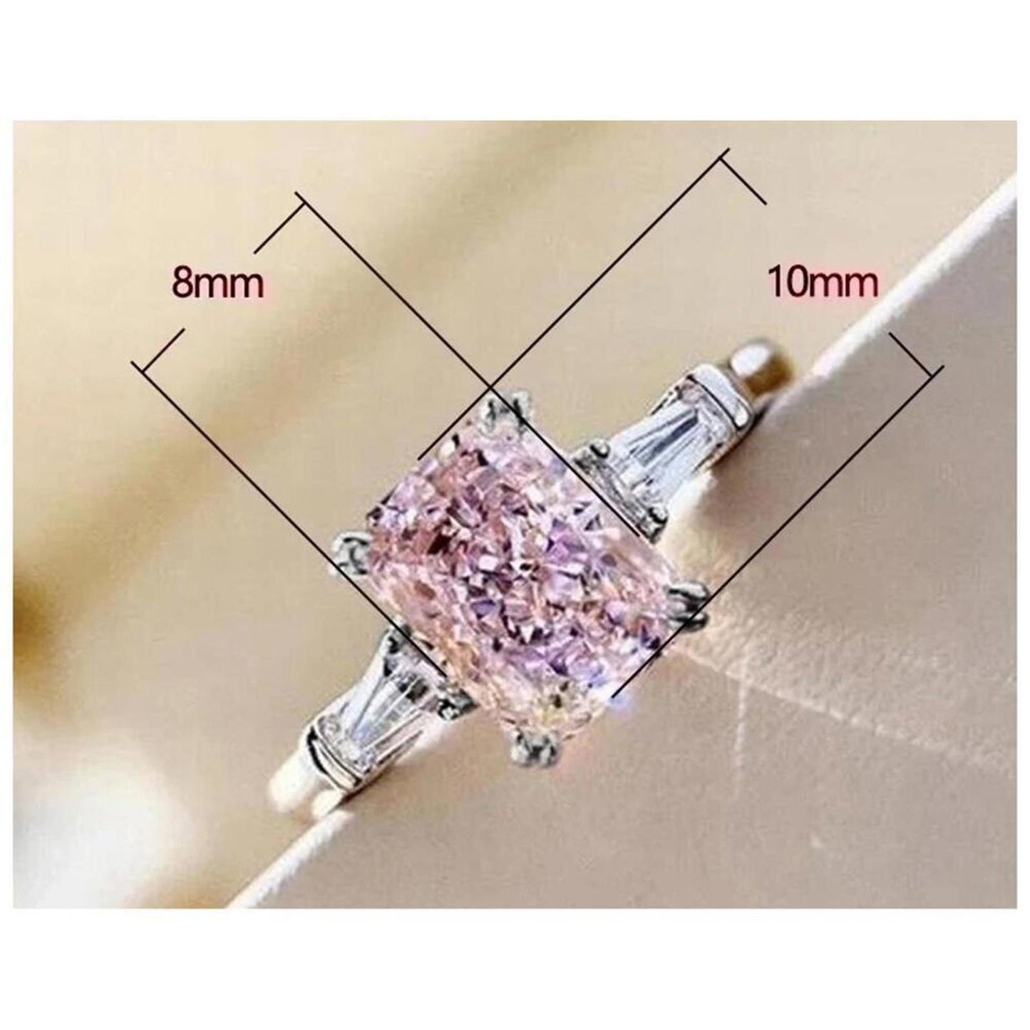 Pink ring - radiant cut - silver - CZs size 9.