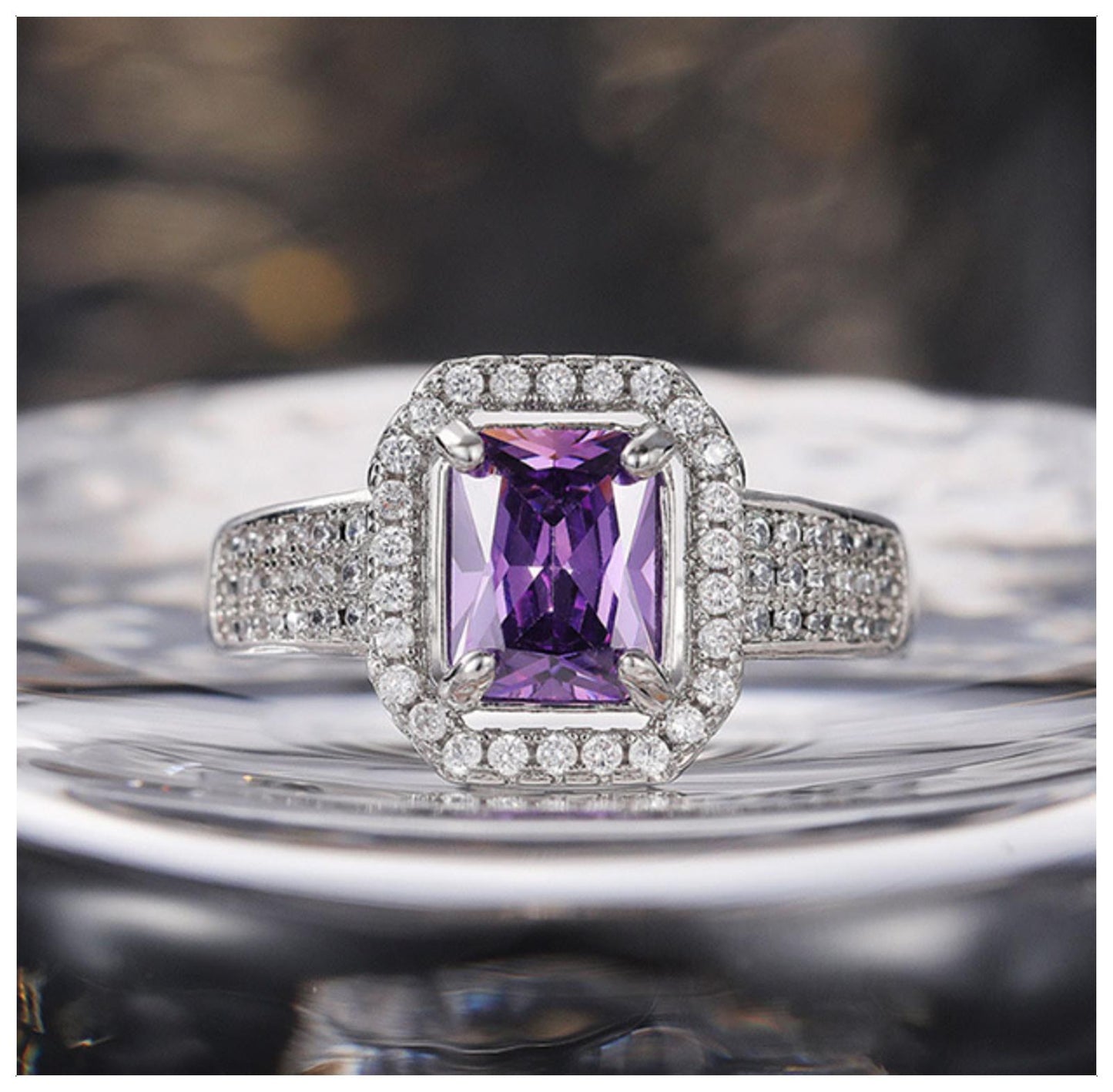 Purple radiant halo Ring - Silver - CZs - Size 6
