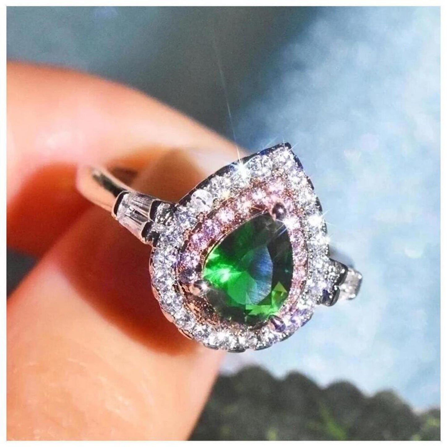 Green and pink double halo ring - silver - CZs size 8